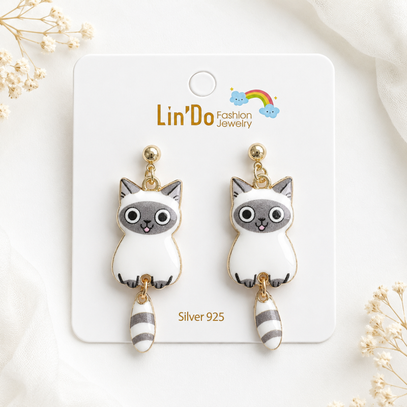 Серьги "Cat mood" серый, 1шт