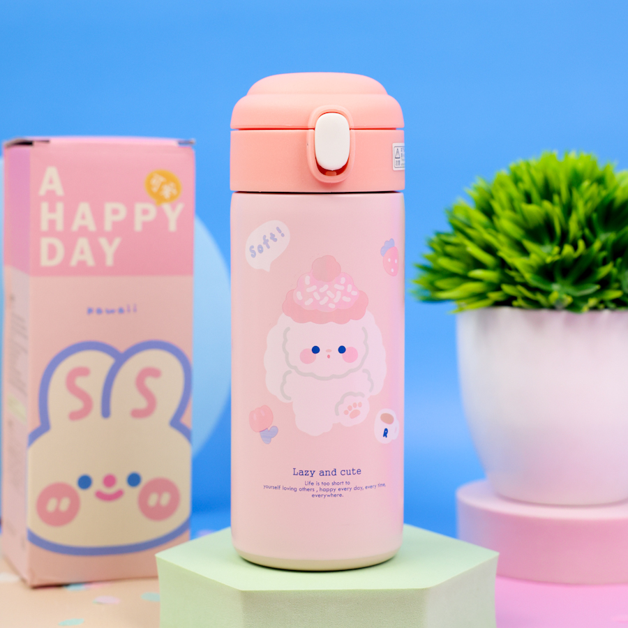 Термос "Lazy and Cute" с трубочкой, розовый, 380 мл.