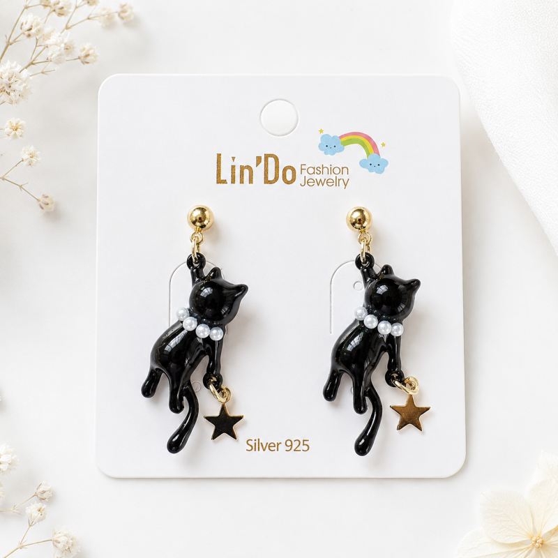 Серьги "Cat ribbon" черный, 1шт
