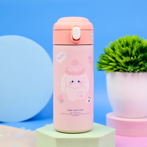 Термос "Lazy and Cute" с трубочкой, розовый, 380 мл. оптом