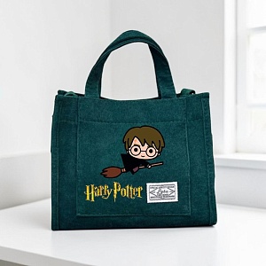 Сумка вельветовая с карманом "Harry Potter" Зеленая оптом со склада в Москве