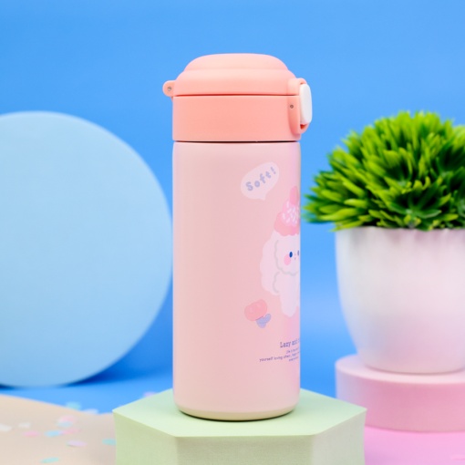 Термос "Lazy and Cute" с трубочкой, розовый, 380 мл. оптом