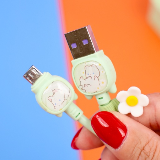 Кабель зарядка "Котик" зеленый (USB micro)